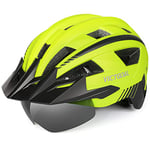 VICTGOAL Casque Velo Homme Casque VTT Montagne avec Visière Magnétique Amovible, Capuchon de Protection Solaire Amovible et éclairage LED Casque Velo Route pour Adulte (L: 57-61cm, Jaune)