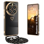 Yutwo Coque pour Realme 12 Pro avec Cordon, Coque pour Realme 12 Pro Plus avec Collier Housse avec Motif Coeur d'amour Antichoc Réglable Étui pour Realme 12 Pro/Realme 12 Pro Plus avec Cordon, Noir