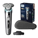 Philips S9000 - rasoir électrique Wet & Dry pour hommes couleur Argent chromé avec lames Lift & Cut, technologie SkinIQ, tondeuse à barbe, socle de charge et étui de transport (modèle S9975/35)