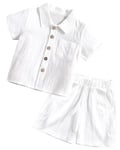 Panegy 2Pcs Baby Boy Summer Clothing Set Short Sleeve Top Shorts Outfit Toddler Button Down Shirts with Shorts Solid Linen Cotton T-Shirt and Shorts White 2-3 Years