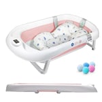 Baignoire Bébé Pliable avec Coussin de Bain et Thermomètre Intégré - Baignoire Enfant avec 5 Balles et Support Baignoire Offerts - Idéal pour Cadeau de Naissance Fille ou Garçon