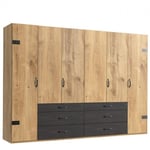 Armoire PORTLAND style industriel 300 cm 6 portes chêne poutre / graphite