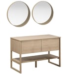 Meuble de Salle De Bain Chêne 120 cm atoll + 2 Miroirs Ronds en Bois vali D60 cm