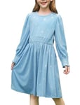 PatPat Robe Fille en Velours Manches Longues, Robe A-Ligne Élégante pour Noël, Anniversaire, Mariage et Fêtes, Robe Princesse Enfant, Bleu Clair 12-13 Ans,152-158cm