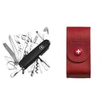 Victorinox Swiss Champ Couteau de Poche Suisse, Léger, Multitool, 33 Fonctions, Lame, Ciseaux, Tire Bouchon, Noir & Etui cuir pour Couteau Suisse, rouge