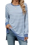 iChunhua Blue and White Striped Jumper Womens Long Sleeve T Shirts Colorblock Side Split Ladies Tunics to Wear with Leggings