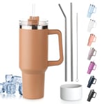 Tuocal 40oz Tumbler with Straw Lid and Handle + 2 Stainless Steel Straws + Silicone Boot, 1180 ml Double Wall Vacuum Insulated Cup, Car Coffee Mug, Travel Water Bottle for Hot Iced Coffee, Khaki