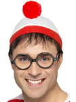 Smiffys Where's Wally Instant Kit, Adults Red & White Hat & Glasses, Official License Kit with Classic Hat & Signature Glasses, Perfect for a Themed Parties or World Book Day or Halloween