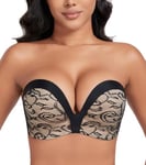 DotVol Soutien-Gorge pour Femmes sans Bretelles Push Up Dos Nu rembourré Deep V Convertible Grande Taille Confort Quotidien décontracté Fleurs Noir 90D