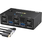 Commutateur Kvm Usb 3.0 Displayport+Hdmi 4K@60Hz Kvm Switch 2 Pc 2 Monitor,Dual Monitor Kvm Switch Avec 4 Ports Usb 3.0 Pour 2 Pc Partagez Souris,Clavier Et Moniteur