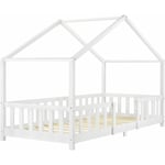 Lit d'enfant design en forme maison avec barrière sécurité construction solide bois de pin contreplaqué blanc 90x200 cm