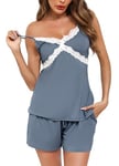 Wikoan Pyjama Femme Sexy Ensembles Pyjama Femme Pyjama Short en Dentelle Col V Lingerie Cami Ensemble de Pyjama Short Vêtements Gris Clair-Bleu L