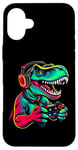 Coque pour iPhone 16 Plus Gaming Dinosaurs- Le T-rex joue aux jeux vidéo