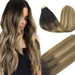 GOO GOO Extension Adhesive Cheveux Naturel, 20pcs 50g 50cm Extensions de cheveux, Brun Foncé à Brun Châtain et Blond Sale Accentué Extensions de cheveux naturels Tape Extensions de cheveux humains