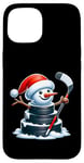 iPhone 15 Cartoon Ice Hockey Puck Snowman with Santa Hat Christmas Case