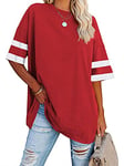 Famulily Ladies Long Tshirt Tops Crew Neck Simple Patchwork Baseball Tee Shirt Tops Red S