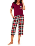 iClosam Pyjama Femme Été en Coton Pyjama Femme Court à Carreaux Pyjama Femme avec T-Shirt Manche Courte et Pantalon Capri Ensemble de Pyjama Femme 2 Pièces S-XXL