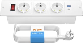 Bloc Prise Encastrable Avec Usb C Pd 20W, Multiprise Encastrable 3 Prises Avec Port Usb Et Usb C, Câble 1,8 M, Blanc[MUL212889]