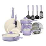 GreenLife Soft Grip Batterie de Cuisine avec Revêtement Antiadhésif Sain en Céramique Sans PFAS 16 Pièces, Avec Poêles, Casseroles, Faits-touts, Marmites, Lave-vaisselle, Compatible au Four, Lavender