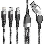 Câble Multi USB A/C Embout - Cable 3 en 1, 5 en 1 de charge 5V/3A - USB A ou USB C (Type-C) vers USB-C/Micro USB/Lightning compatible Apple pour iPhone, iPad, Android Samsung (NOIR) (GRIS)