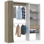 Dressing extensible blanc et bois MARTY 120/170 x 50 x 180 cm avec rideau + double penderie + étagères