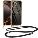 Vauki Coque pour iPhone 16 Pro Max avec Cordon de Collier, Galvanisé Etui Housse avec Motif Coeur d'amour, Antichoc Anti-Rayures Case avec Bandoulière pour iPhone 16 ProMax 6.9", Noir