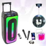 Pack Enceinte sur batterie Karaoke USB Bluetooth TWS MS-MAGIC-SOUND1000 1000W 2 Micros - Boule Disco - Jeu lumière Derby