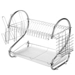 2 Tier Dish Drainer Rack With Drip Tray Wire Cutlery Draining Holder Plate Rack