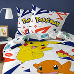 Pokemon Pika Parure de Lit Enfant 140x200 cm | 100% Coton | Oeko-TEX | Housse de Couette 1 Personne 140x200 cm + 1 Taie d'oreiller 63x63 cm Imprimées Réversibles | Blanc, Bleu