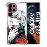 Cokitec Coque Renfocée en Verre Trempé pour Samsung Galaxy S23 Ultra Manga Tokyo Ghoul Kaneki Blanc