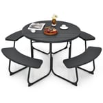 COSTWAY Ensemble de Table Ronde de Pique-nique et 4 Bancs, pour 8 Personnes, Trou pour Parasol, pour Patio, Jardin, Noir