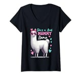 Womens She's A Bad Funny Joke Mommy Cute Llama Mother's Day Farm V-Neck T-Shirt