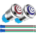 2-pack 12mm 12V 24V 3A rostfritt stål självlåsande tryckknappsbrytare LED-strömsymbol normalt öppen SPST PÅ Av vattentät med strömuttag (blå