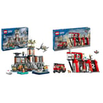 LEGO City La Prison de la Police en Haute Mer, Jouet avec Hélicoptère et Bateau & City La Caserne et Le Camion de Pompiers, Jouet de Figurine de Chien et 5 Minifigurines