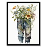 Wee Blue Coo Gardening is in my Genes Bouquet Cutoff Jeans Vase Watercolour Painting Orange Pink Spring Flower Blooms Artwork Framed Wall Art Print A4