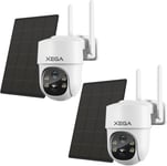 2 Pièces Camera Surveillance WiFi Exterieure sans Fil Solaire, 2.4GHz HD PTZ Caméra 355°/90°, Vision Nocturne Couleur, Détection de Mouvement, Sirène et Alarme LED, Alerte instantanée, Cloud/TF