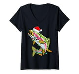 Womens Xmas Lights Santa Hat Rainbow Trout Fish Christmas V-Neck T-Shirt