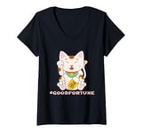 Womens Lucky Cat Good Fortune Maneki Neko V-Neck T-Shirt