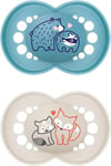 MAM Original Soother 16+ Months (Pack of 2), Baby Soother Made from Sustainable Material, SkinSoft Silicone Teat, with MAM Soother Case, Blue (Designs May Vary)