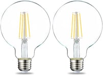 Amazon Basics Lot de 2 ampoules LED en forme de globe G93 Culot Edison à vis E27 7 W (équivalent 60 W) CRI80, Filament blanc chaud Intensité non variable