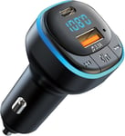 Transmetteur FM Bluetooth 5.0,Adaptateur Bluetooth Voiture avec Port 3.1A USB et Type C,Connecteur Bluetooth pour Voiture avec Lumière LED Bleue Dégradée,Disque U,Appel Mains Libres(Q148)