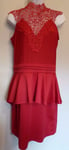 Izabel London UK12 EU40 US8 new rich red lace detail peplum halter neck dress