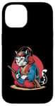 Coque pour iPhone 14 Japon Kawaii Cat Samurai Casque Casque Manette de Jeu Vidéo