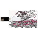 64G USB Flash Drives Credit Card Shape Sketchy Memory Stick Bank Card Style Ink Illustration of a Woman on Poppy Field Surrounded by Flowers Spring Theme,Black White Pink Waterproof Pen Thumb Lovely J