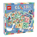 APLI Kids 19147 - Jeux de société 4 en 1 : un ensemble de 4 jeux de société classiques illustrés : le jeu de l'oie, les petits chevaux, le jeu de l'échelle et le 4 à la suite.