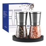 Vzaahu Salt and Pepper Grinders 2 Set with Ceramic Core with Storage Base, Adjustable Coarseness, Portable, Refillable Spice Mills,Home Kitchen Birthday, Housewarming Gifts