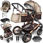 KIDUKU® Poussette Combinée 3 en 1 | Trio pour Enfants | Siége Auto Légère, Piable | Nacelle Souple Convertible | Set de Voyage (Marron)