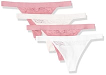 Amazon Essentials String en Coton et Dentelle Femme, Lot de 4, Blanc Vif/Rose Pâle/Mauve, 42