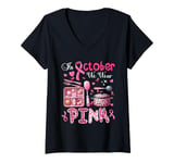 Womens In October We Wear Pink Breast Cancer Awareness Lunch Lady V-Neck T-Shirt