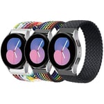 3 Pièces Tressé Solo Loop pour Samsung Galaxy Watch 6/6 Classic/5/5 Pro/4/4/Active 2/Active/3/Gear S2/Gear,20mm Bracelet Sport Nylon Élasticité pour Hommes Femmes，Arc-en-ciel/Noir Arc-en-ciel/Noir，M